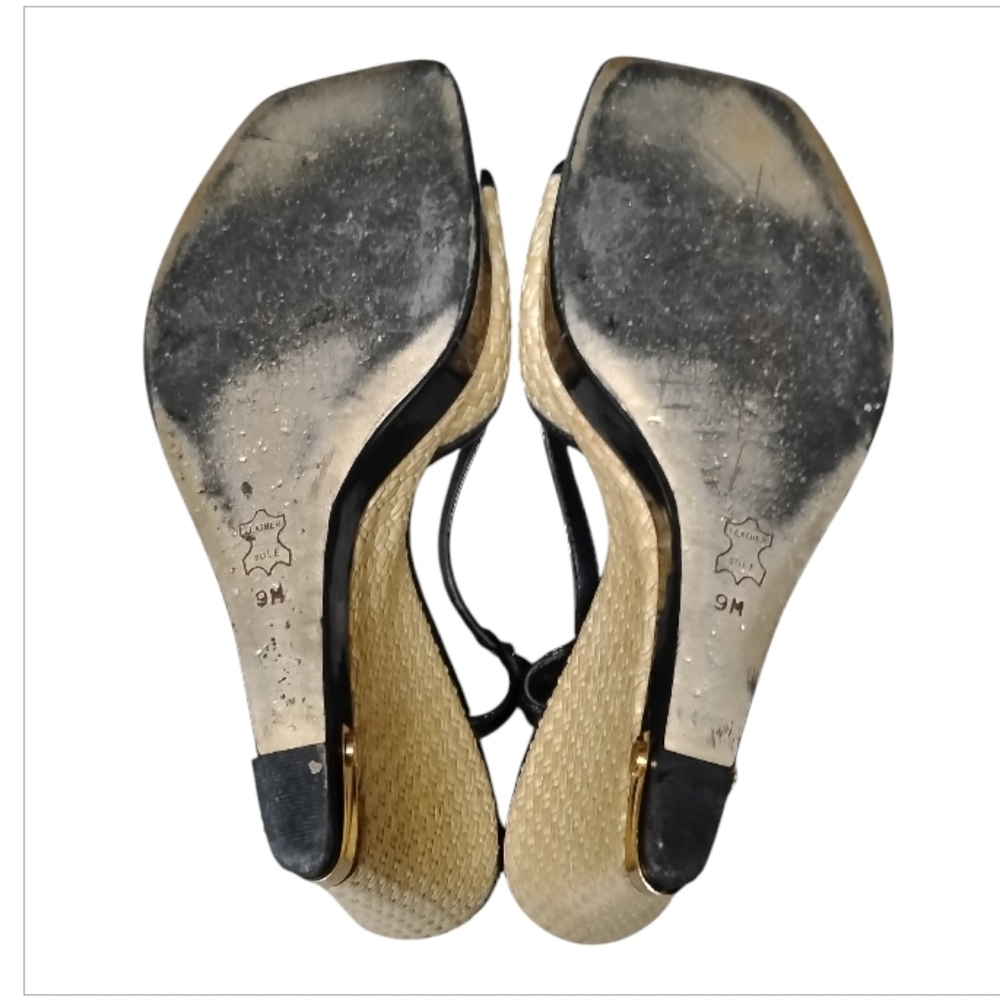 TORY BURCH | Patent Leather Espadrille Wedge Sandals | Black Tan | US 9 - Picture 8 of 9